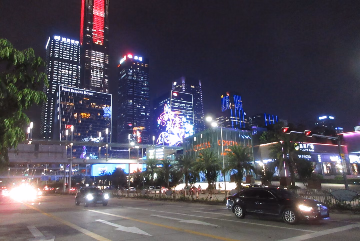 Illuminated Four Seasons Hotel Shenzhen facade on Fuhua Third Road, photographed in 2017