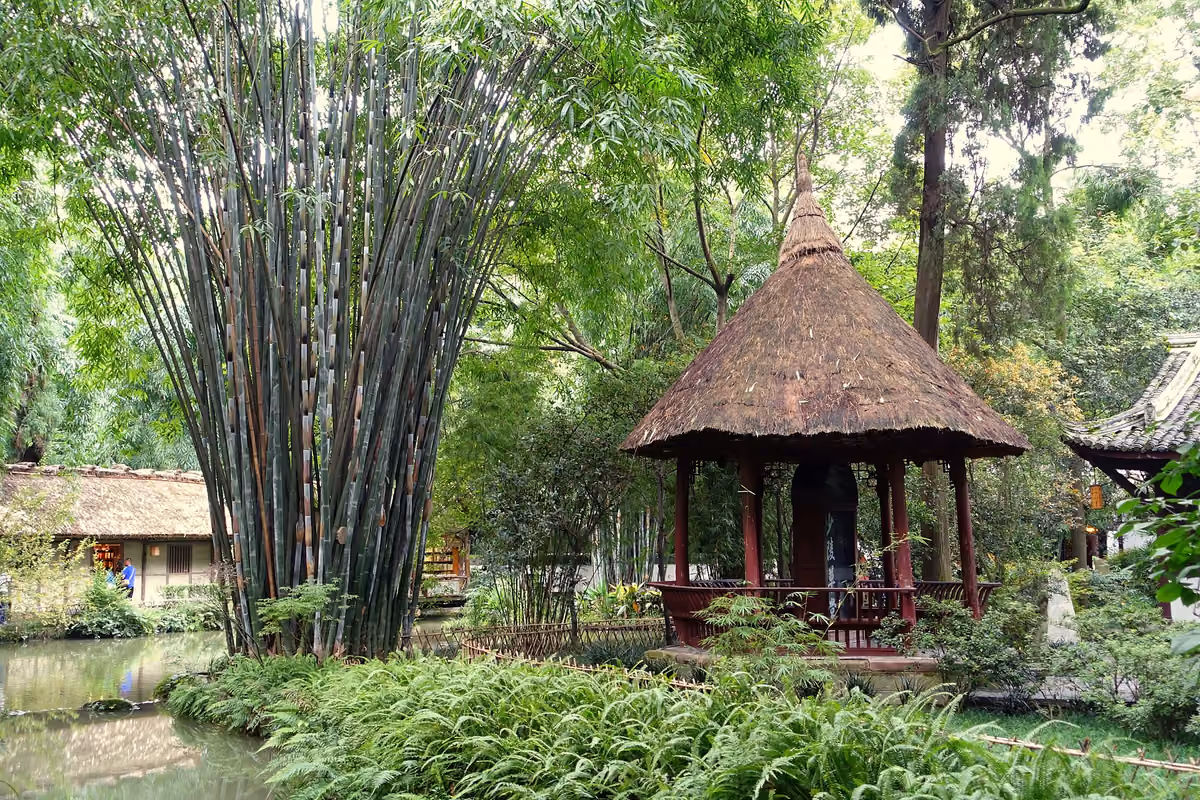 The thatched Shaoling Tablet Pavilion among bamboo at Du Fu Thatched Cottage, Chengdu
